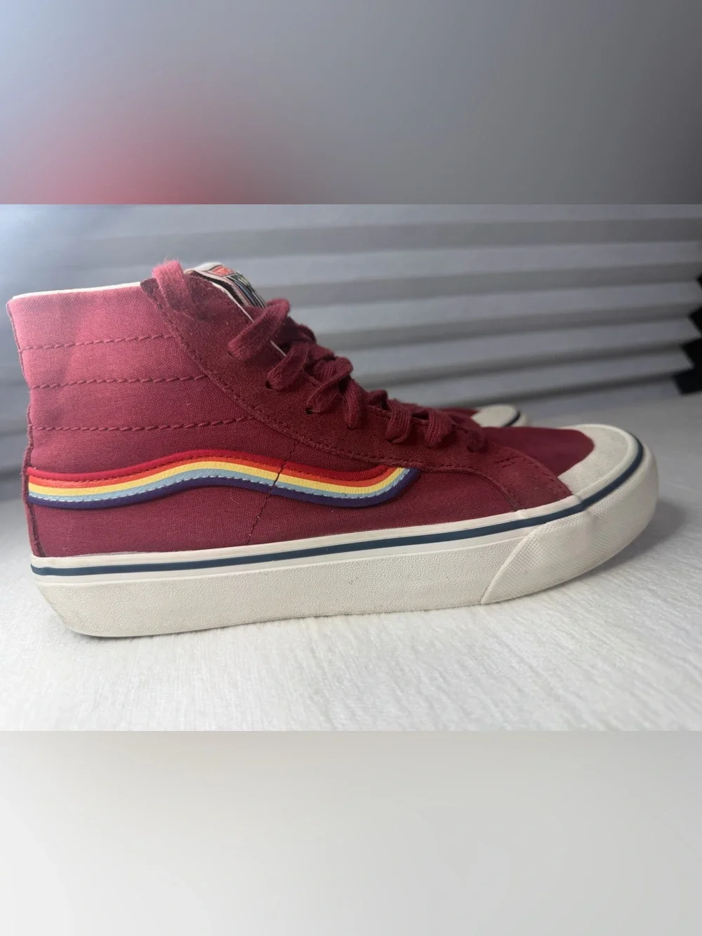 Vans SK8 Burgundy High-Top Sneakers with Rainbow Stripe M8/W9.5